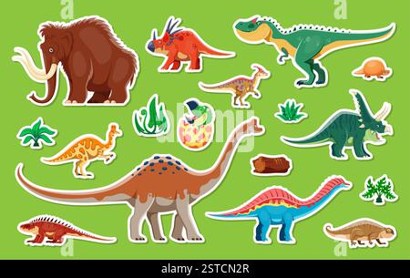 Autocollants de personnages de dinosaures et lézards préhistoriques de bande dessinée de l'ère jurassique et de l'ère glaciaire, icônes vectorielles. Enfants drôles dinosaures autocollants collection de ma Illustration de Vecteur