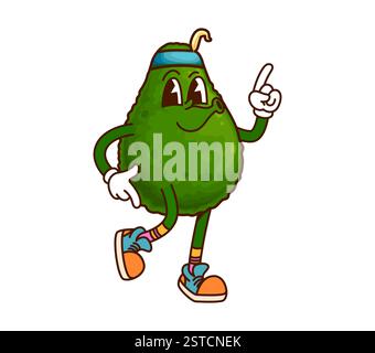 Personnage de dessin animé groovy avocat avec visage drôle et sifflement, personnage comique vectoriel. Personnage d'avocat groovy de dessin animé rétro avec bandeau hippie an Illustration de Vecteur