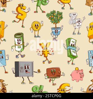 Groovy personnages de finance modèle sans couture dans le dessin animé rétro, fond vectoriel. Groovy funky billets de banque dollar et pièces d'or, arbre d'argent et piggy b Illustration de Vecteur