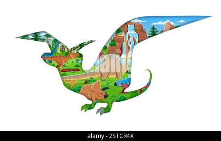 Silhouette de dinosaure volant préhistorique coupé en papier avec lézards et reptiles jurassiques, bannière vectorielle. Silhouette de dinosaure pteranodon coupé en papier avec T re Illustration de Vecteur