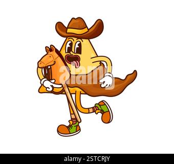 Dessin animé groovy mexicain nachos chips caractère cow-boy dans le chapeau chevauchant un cheval de bâton. Vecteur isolé Adventurous tex mex snack bandit ou ranger fast food Illustration de Vecteur
