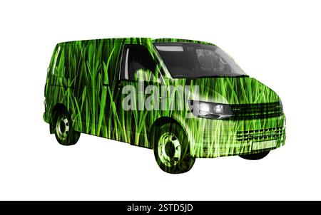 Transport écologique. Minibus avec motif floral vert sur fond blanc Banque D'Images