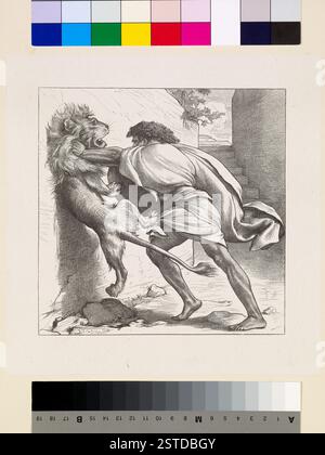 Gravure sur bois de 1881 illustrant « Samson et le Lion » de Dalziel's Bible Gallery. Conçu par Lord Frederic Leighton et gravé par Dalziel Brothers, imprimé sur papier indien dans un volume relié. Banque D'Images
