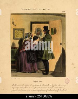 Une scène intérieure raffinée met en scène trois personnages, dont deux femmes habillées en tenue d'époque. L’accent est mis sur la dynamique entre les personnages, habillés à la mode dans un cadre intérieur bien éclairé. Banque D'Images