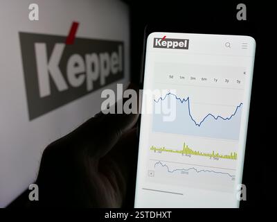 Dans cette illustration photo, une personne tient un téléphone portable avec la page Web de la société singapourienne Keppel Ltd sur l'écran devant le logo de l'entreprise. Banque D'Images