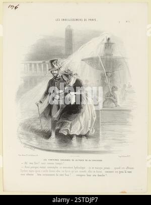 Une scène de rue du XIXe siècle à Paris, montrant la Fontaine place de la Concorde avec ses statues féminines monumentales, l'obélisque de Louxor d'Égypte, et d'autres caractéristiques notables telles que la Fontaine des mers et la Fontaine des fleurs. L'architecture reflète la grandeur de l'époque. Banque D'Images