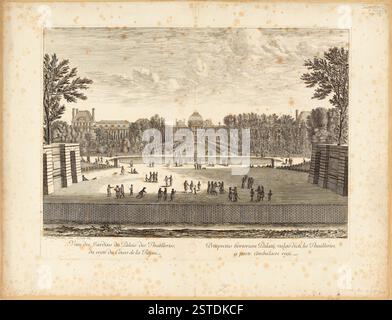 Une vue sur le jardin à la française des Tuileries à Paris, avec des personnages vêtus d'une tenue du XVIIe siècle, mettant en valeur la grandeur et l'élégance de l'époque. Banque D'Images
