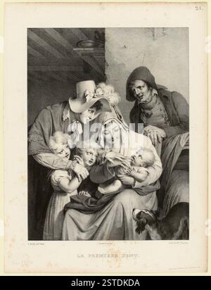 Cette scène intérieure montre une femme, un homme et un enfant dans un cadre familial, la femme tenant le bébé alors que la première dent est sur le point d'être révélée. Le père est présent, et une nounou s'occupe d'un chien. Le cadre comprend des poutres au plafond, une étagère avec des plats en métal et une mode traditionnelle du XIXe siècle. Banque D'Images