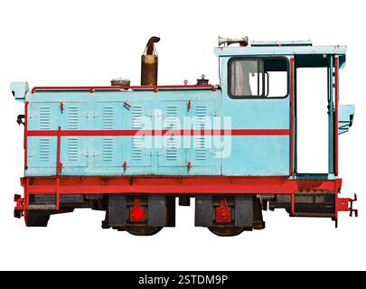 Locomotive vintage pour un chemin de fer à voie étroite isolé sur blanc Banque D'Images