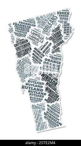 Nuage de texte de forme Vermont. Frontière d'état avec ombre sur fond blanc. Vermont avec division des comtés dans le style vintage gazette. Illustration de Vecteur