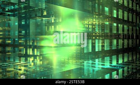 Des motifs géométriques complexes forment un abstrait numérique visuellement frappant avec des tons verts vibrants et des effets d'éclairage dynamiques, créant un AT futuriste Banque D'Images