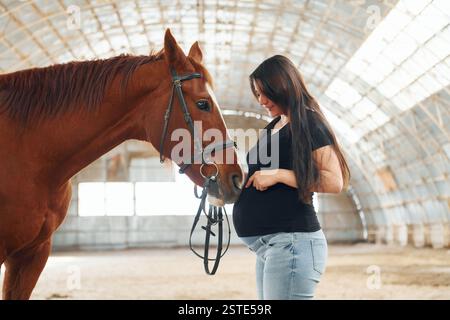 Vue latérale. Belle femme enceinte en vêtements décontractés est avec le cheval sur une écurie. Banque D'Images