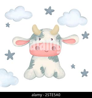 Dessin animé de bébé vache mignon assis parmi les nuages et les étoiles illustration Banque D'Images