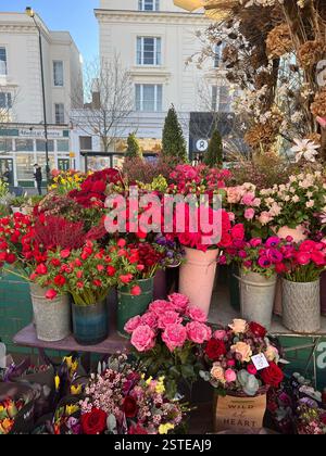 C’est le printemps à Londres, et le marché aux fleurs de Notting Hill regorge de couleurs et de vie ! Il s'agit d'une belle stalle de fleurs avec un tableau de roses. Banque D'Images