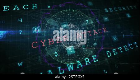 Image de texte d'avertissement sur le globe numérique avec numéros et connexions réseau Banque D'Images