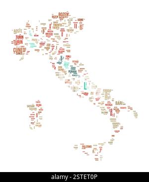 Italie Word Cloud. Forme du pays avec division de région. Italie image de style typographie. Nuages de balises de noms de région. Illustration vectorielle. Illustration de Vecteur