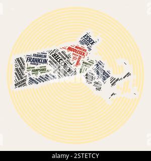 Affiche ronde du Massachusetts. Image de style typographique de State. Comtés nuages de mots du Massachusetts. Design d'image vintage avec texture de grattage. Illustration de Vecteur