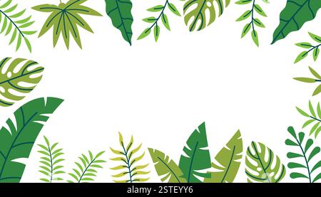 Cadre Hello Summer Tropical Leaves, carte abstraite avec des feuilles et des branches exotiques de la jungle, design vert coloré, fond d'été ou bannière. Illustration de Vecteur