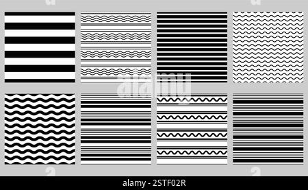 Collection de motifs rayés sans couture avec des textures répétitives simples. Arrière-plans abstraits pour cartes, couvertures, textile ou branding. Illustration de Vecteur