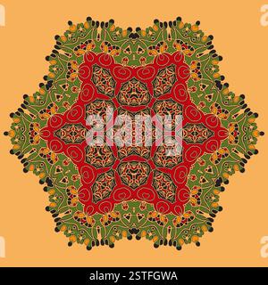 Yoga. Mandala oriental vert et rouge. Abstract rétro orné Mandala fond d'écran pour carte de voeux, brochure, carte ou invitation wi Banque D'Images