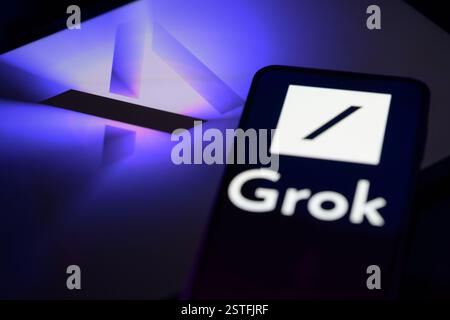 Bruxelles, Belgique. 18 février 2025. Logo Grok affiché sur un téléphone mobile, avec X ai sur l'écran de la tablette, vu dans cette illustration photo. Prise à Bruxelles, Belgique, le 18 février 2025. (Jonathan Raa/Sipa USA) *** strictement à des fins éditoriales *** crédit : Sipa USA/Alamy Live News Banque D'Images