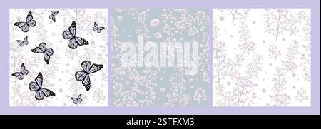 Feuilles graphiques grises de fond sans couture avec des papillons. dessin à la main. Pas ai, illustration vectorielle Illustration de Vecteur