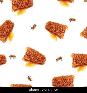 Aquarelle peinte à la main Honeycomb et Bees Seamless Pattern sur blanc Banque D'Images