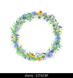 Couronne de fleurs sauvages. cadre circulaire floral avec fleurs bleues, jaunes et blanches et feuilles vertes. Aquarelle dessinée à la main isolée sur fond blanc. Banque D'Images
