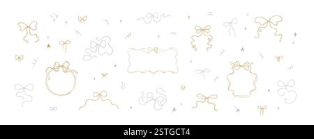 Ensemble d'arcs fantaisistes dorés et argentés. Cadres ondulés et bordures de ruban coquettish. Bonne année et Joyeux fond de Noël avec paillettes, confet Illustration de Vecteur