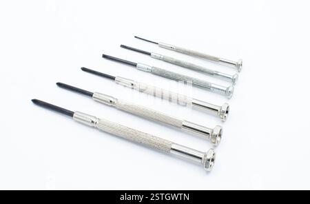 Mini précision Phillips et tournevis à tête plate pour lunettes, électronique, jouets, ordinateur, réparation de montre, différentes tailles isolées sur backgro blanc Banque D'Images