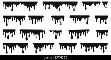 Peinture noire qui coule, chocolat fondant ou goutte d'huile. Ensemble D'ELEMENTS de coloration liquides abstraits. Illustration vectorielle plate des flux d'encre splash. Illustration de Vecteur