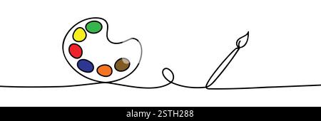 Pinceau et palette de peinture avec des peintures. Dessin continu d'une ligne. Illustration vectorielle isolée sur fond blanc. Illustration de Vecteur