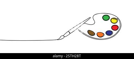 Pinceau et palette de peinture avec des peintures. Dessin continu d'une ligne. Illustration vectorielle isolée sur fond blanc. Illustration de Vecteur