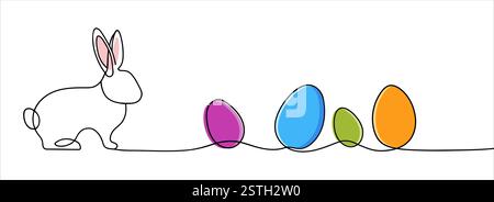 Un dessin au trait continu d'oeufs de Pâques et de lapin. Conception de bannière de voeux avec lapin et oreilles dans un style linéaire simple. Illustration vectorielle Doodle. Illustration de Vecteur