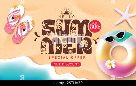 Conception de bannière clipart de fond de vente d'été. Bonjour vente d'été texte clipart dans fond de plage de sable pour vacances tropicales offre spéciale 50% Illustration de Vecteur