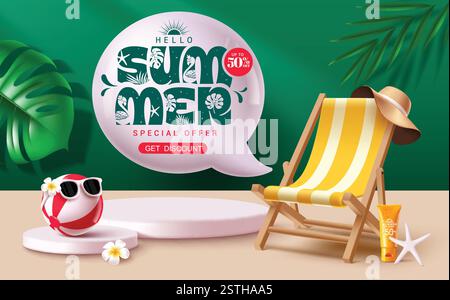 Vente d'été podium clipart fond design. Bonjour l'été texte de voeux dans la bulle de discours saison des fêtes 50% de réduction offre spéciale remise vert Illustration de Vecteur
