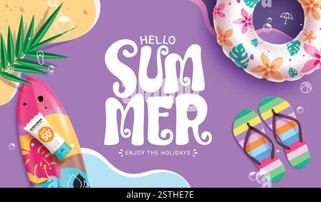 Bonjour la conception de bannière clipart de fond d'été. Texte de voeux d'été en fond abstrait violet avec flotteurs, planche de surf et flipflop tropical Illustration de Vecteur