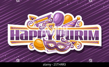 Logo vectoriel pour le Carnaval de Pourim, étiquette décorative blanche avec symboles de dessin animé purim - masque de mascarade et biscuits triangulaires, signalisation horizontale avec Illustration de Vecteur