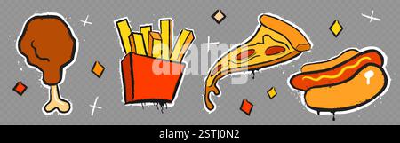 Icônes graffiti Street food sur fond transparent. Éléments de restauration rapide - cuisse de poulet frit, boîte de frites, tranche de pizza, hot dog avec moutarde. Design urbain d'art mural d'esquisse avec texture rugueuse. Illustration de Vecteur