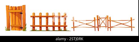 Caricature porte en bois et ensemble de clôture de barrières brunes. Entrée rustique rurale avec planches, cloison de jardin avec herbe, balustrade en bois avec corde croisée. Elément de construction agricole pour la conception de paysages de jeu Illustration de Vecteur