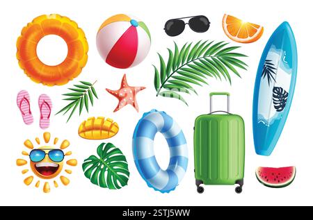 Ensemble de cliparts Summer Elements. Collection d'éléments de plage d'été pour le voyage d'aventure en plein air comme sac à bagages, planche de surf, anneau gonflable et tropical Illustration de Vecteur