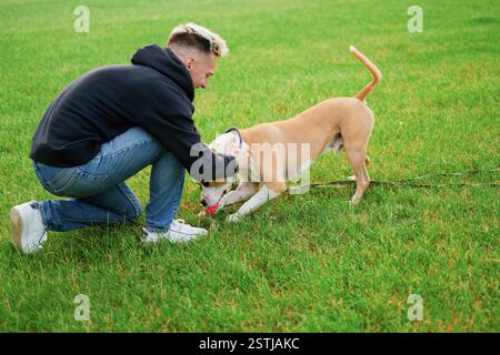 Le propriétaire joue au ballon sur l'herbe avec son chien préféré. Maître préféré, chien préféré. Jeux actifs avec le chien. Bulldog américain. Banque D'Images