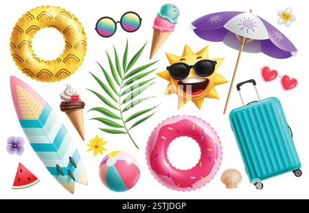 Ensemble de cliparts d'icône d'éléments d'été. Des objets colorés d'été comme l'anneau gonflable, la planche de surf, le parapluie, le sac à bagages, le symbole d'art clip de feuilles de soleil et de palmier Illustration de Vecteur