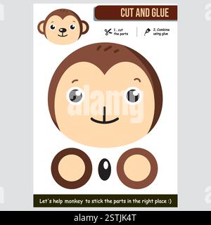 Une adorable activité de coupe-colle de singe qui aide les enfants à améliorer leur créativité et leur motricité. Parfait pour les projets scolaires ou les activités d'apprentissage à domicile. Illustration de Vecteur