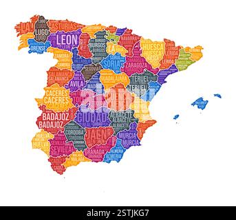 Forme Espagne. Nuage de mots de pays avec division de région. Espagne illustration colorée. Nuage de noms de région. Illustration vectorielle. Illustration de Vecteur