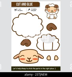 Illustration vectorielle adorable de moutons pour le jeu de papier éducatif pour les enfants. Activité couper et coller. Illustration de Vecteur