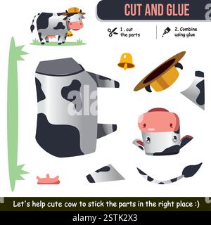 Feuille de travail de coupe et de colle de vache animale mignonne pour les enfants. Activité éducative amusante. Illustration de Vecteur