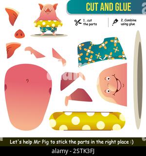 Feuille de travail de coupe et de colle animal mignon pour les enfants. Activité éducative engageante. Illustration de Vecteur