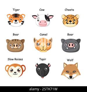 Icônes adorables de tête d'animal de dessin animé. Ensemble de vecteurs mignon pour les autocollants et les dessins Illustration de Vecteur