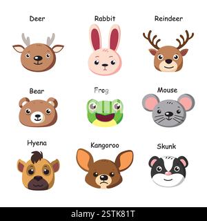 Ensemble d'icônes d'illustration de visage d'animal mignon. Adorable collection de personnages de dessins animés Illustration de Vecteur